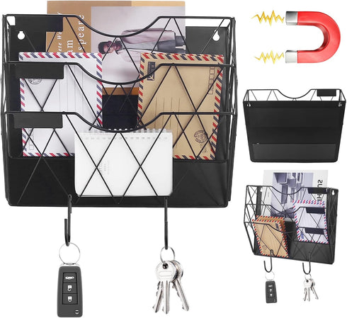 Magnetic File Holder, 3-Tier Black File Organizer for Cabinets, Mail & Magazine Holder, No-Drill Mount for Office Home
