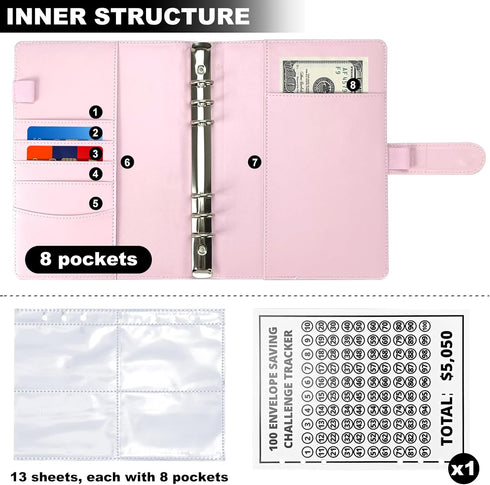 POUYRBA 100 52 100 Envelope Challenge Binder, Leather Week Money Saving Challenge Binder Easy and Fun Way for Envelopes