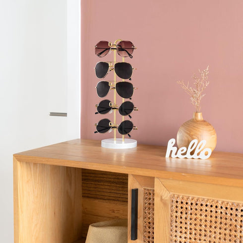 Mkono Sunglasses Organizer for 5 Pairs, Metal Frame with Wood Base, Gold, Eyeglasses Rack for Table, Set of 1