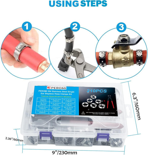 210pcs Single Ear Hose Clamp with Pincers Crimper Tool, 12 Size 6-36.1mm 304 Stainless Steel Assortment Kit