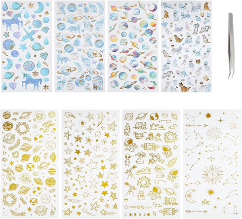 OLYCRAFT 8 Sheets 3D Star & Moon Stickers - Colorful Planet, Star & Cat Decals for Scrapbook, Journal