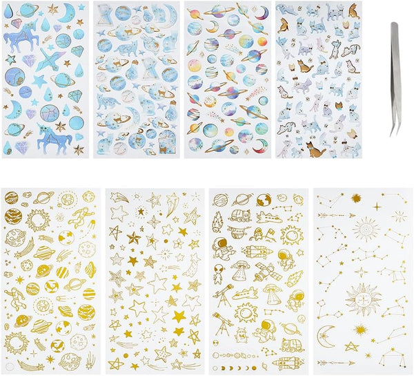 OLYCRAFT 8 Sheets 3D Star & Moon Stickers - Colorful Planet, Star & Cat Decals for Scrapbook, Journal