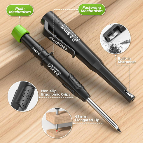 CP3000 6 Nicpro Carpenter Pencil with Sharpener, Construction Pencils with Refills in a Lead Dispenser, Deep Hole Long