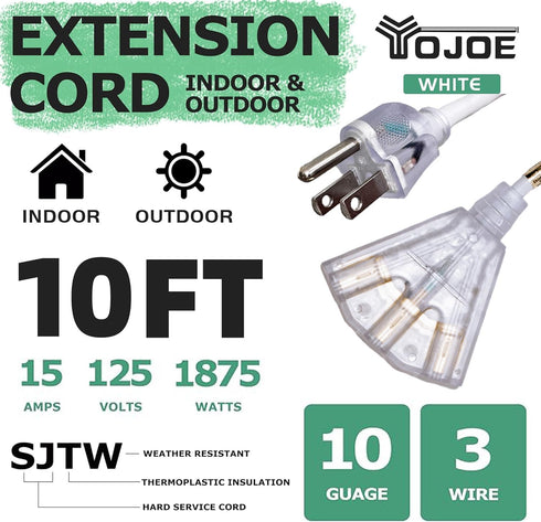 YOJOE White 10/3 10 ft Outdoor Extension Cord with 3 Prong Multiple Outlets, Waterproof for Decorations