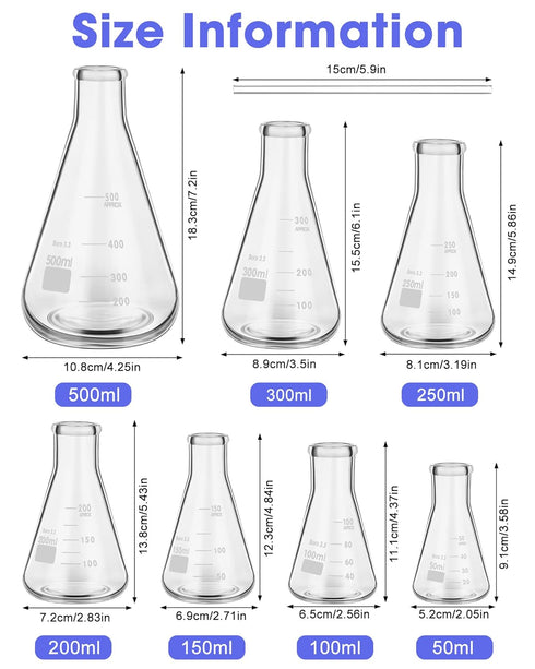 9 Pack Glass Erlenmeyer Flask Set with Glass Stirring Rod, 7 Sizes, Borosilicate Glass for Lab Chemistry