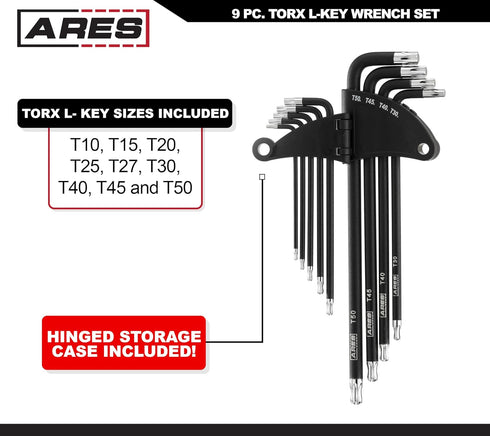 70257 Set 9-Piece Set T10-T50 S2 ARES - Extra Long Ball End Torx L-Key - Includes Sizes - Anti-Slip Textured Black