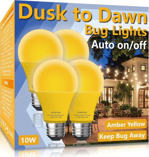 Dusk to Dawn Bug Light Bulb Outdoor, 4 Pack, Amber Bug Light, Auto On/Off, 10W (100W Equivalent), E26 Base