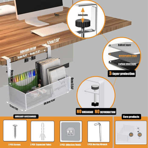 orbixa Under Desk Storage Organizer Clamp-On, Mesh Metal 3-IN-1 Desk Side Storage for Office Supplies & Home Essentials