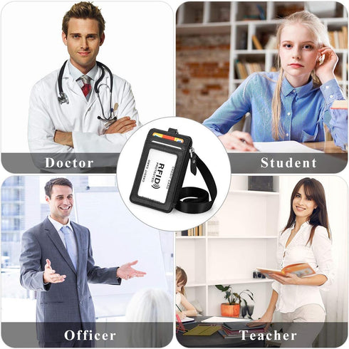 Black Genuine Leather Badge Holder with Zipper, RFID Keychain Wallet Neck Lanyards and Swivel Hook for Card/Coin/Cash