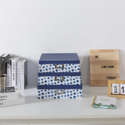 Soul & Lane Blue Spots Decorative Storage Boxes with Lids, Set of 3 Memory Boxes for Organizing Keepsakes