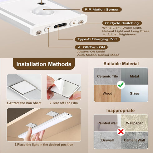 4 Pack, Closet 3 Counter Under Cabinet Lighting Wireless Motion Sensor LED Light with Remote, USB-C Rechargeable, Color