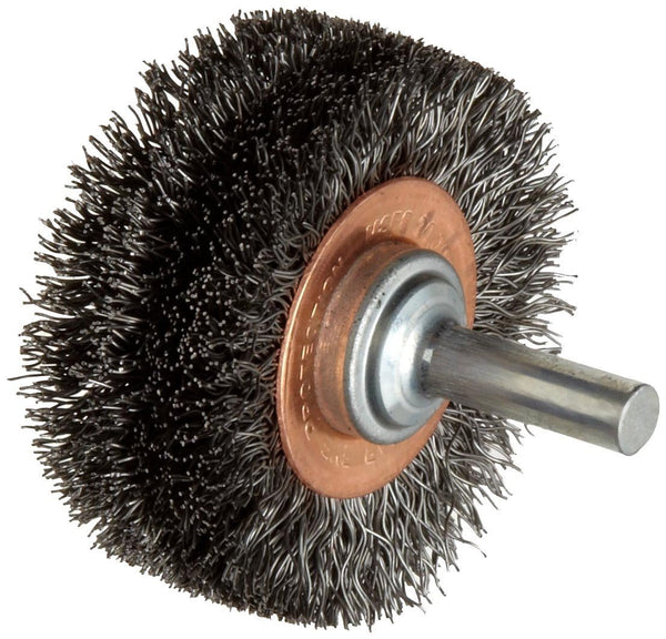 Weiler 17619 2" Wide Face Crimped Wire Wheel, .0118" Steel Fill, 1/4" Stem, Stem-Mounted, Made in the USA