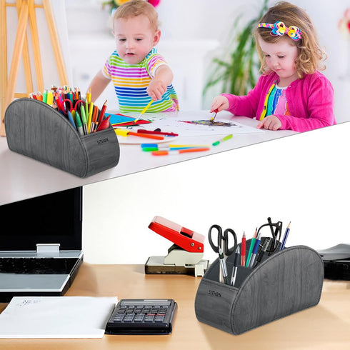 SITHON PU Leather Remote Control Holder with 5 Compartments, Desktop Organizer for TV, DVD, Media Player, Woodgrain Gray