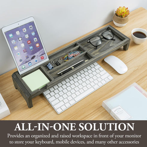 MyGift Desk Organizer Keyboard Shelf, Vintage Weathered Gray Solid Wood Office Storage Tray with 5 Compartments
