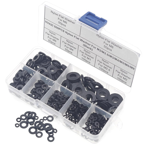 500PCS Nylon Flat Washers for M2 M2.5 M3 M4 M5 M6 M8 Screw Bolt, Black