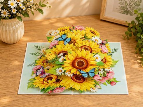 ETApopupcard 3D F64 Sunflower Pop Up Card Bright Floral Bouquet Greeting Card with Butterflies | Handmade Thank You