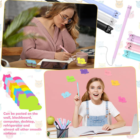 Cat Stationery Set / 720 Sheets Cat Sticky Notes with 24 Pcs Cat Pens / Cute Cat Office Supplies for School and Gifts