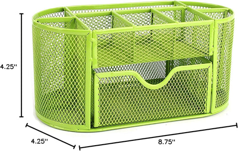 VANRA Metal Mesh Desk Supply Caddy, Desktop Office Supplies Organizer, 8 Compartments with Drawer (Green)