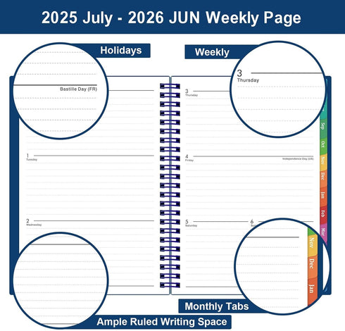 Planner 2025-2026 - Academic Planner Weekly and Monthly with Tabs, July 2025 - June 2026, 6.25" × 8.3"