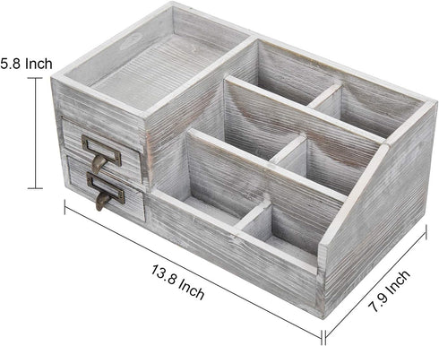 Distressed Rustic Wooden Office Desktop Organizer, 2 Tier Drawers, Multiple Compartments for Jewelry Storage