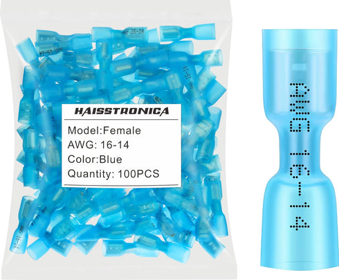 haisstronica 100pcs Blue Heat Shrink Female Spade Connectors, Insulated Electrical Crimp Wire Terminals for 16-14 Gauge