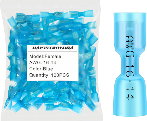 haisstronica 100pcs Blue Heat Shrink Female Spade Connectors, Insulated Electrical Crimp Wire Terminals for 16-14 Gauge