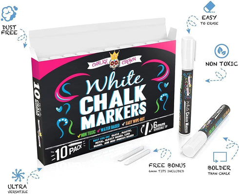 CHALKY CROWN Liquid Chalk Marker Pen - White Dry Erase Marker - Chalk Markers for Chalkboard Signs, Windows, Blackboard, Glass - 6mm Reversible Tip (10 Pack) - 24 Chalkboard Labels Included by CHALKY CROWN