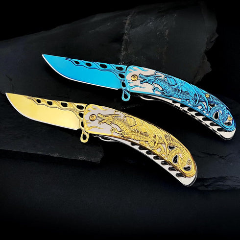 Pocket Knife for Men, Cool Folding Knife with 3D Blue Dragon Embossed Relief, Great EDC Gift for Outdoor Survival