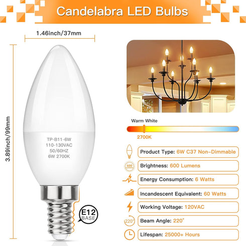 E12 Bulbs 60W 2700K 600 Bulb, 6W B11 Non-Dimmable, Pack 6 MAXvolador LED Candelabra Light Equivalent, Warm White Lumens