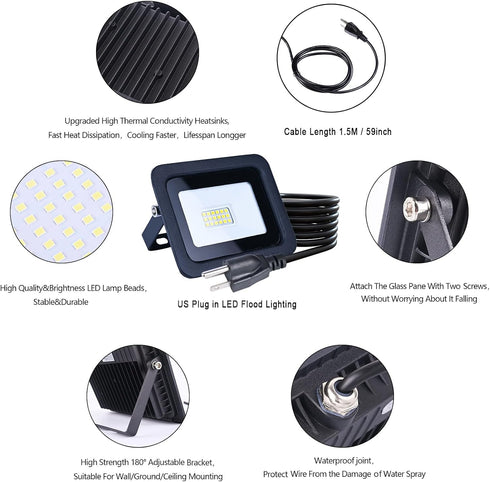 5Pack 10W 3x2 MIWAT Daylight LED Flood Light Outdoor, LED Work Light, Plug and Play, Waterproof Outdoor Floodlights