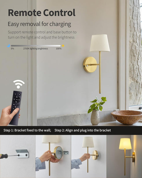 Set 5200mAh Gold Wall Sconces of Two, Small Rechargeable Battery Operated Wall Lamp with Remote, Cordless Wall Lights