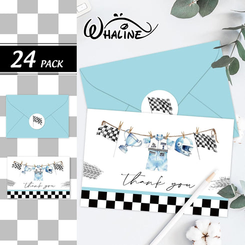 50 Pack 4 6 Inch Whaline Race Car Baby Shower Thank You Cards Greeting Card with Envelopes Stickers Blue Racing Theme