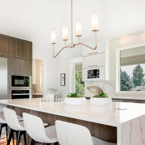 4-Light 32'' Gold Linear Chandelier, Modern Farmhouse Chandeliers Pendant Lights Fixtures with Frosted Glass Shades