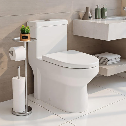 5 Toilet Paper Holder Stand with Phone Shelf, Holds Rolls, Free Standing TP Roll Holder for Bathroom, Practical Shelf