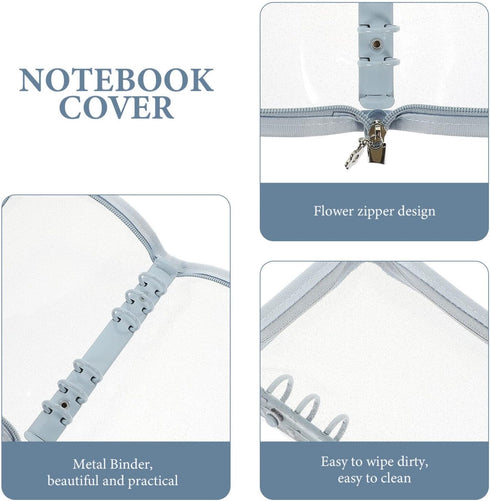 STOBOK A6 Binder Cover, 6-Ring Clear Transparent PVC Notebook Folder with Zipper Closure, Loose Leaf Protector