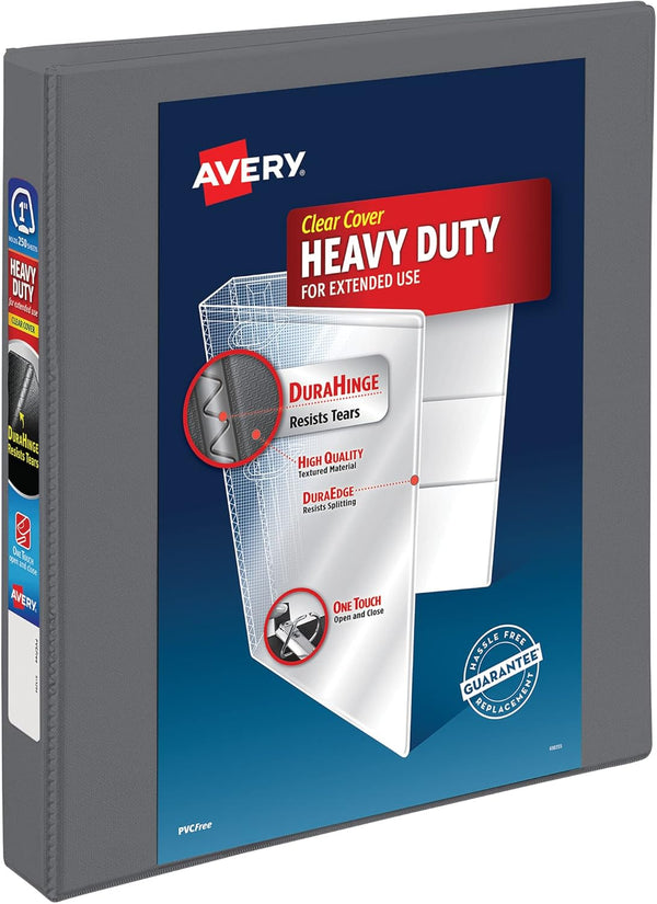 Avery Heavy-Duty 3 Ring Binders, Customizable Cover, 1 Inch Slant Rings, 1 Gray Binder (79865)