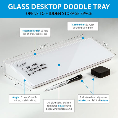 Glassboard Studio Glass Dry Erase Doodle Tray for Desktop Office Supply Storage - Includes 8 Markers and Eraser (White)