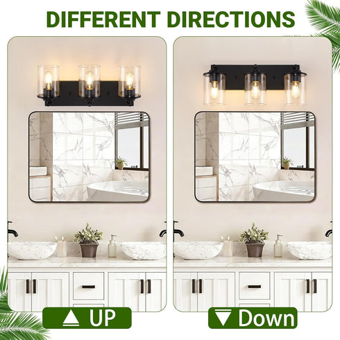 Mikniri 3-Light Bathroom Light Fixtures, Matte Black Bathroom Vanity Lighting Over Mirror with Clear Glass Shades