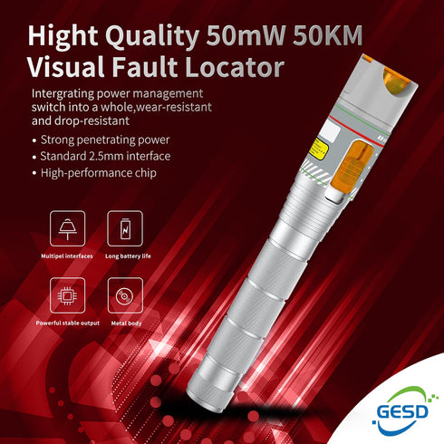 Visual Fault Locator Fiber Optic, 50KM VFL Light Source Tester, Fiber Pen for 2.5mm Universal Connector