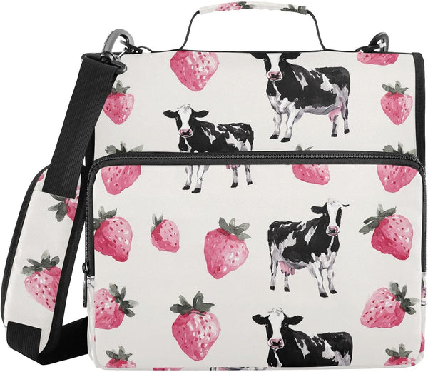 ALAZA 3 Ring Zipper Binder Milk Cow Pink Strawberry Binders Bag with Shoulder