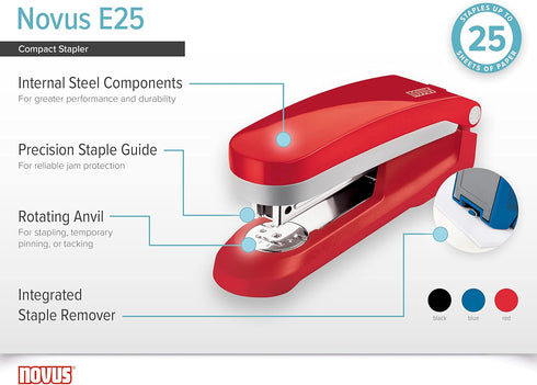 Novus E25 Compact Stapler, 25 Sheet Capacity, Precision Staple Guide, German Engineered, 10 Year Warranty, Red