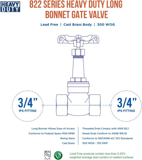 Midline Valve I44U256 Long Bonnet Gate Valve with Wheel Handle, Heavy Duty, Lead-Free, 3/4 in. FIP