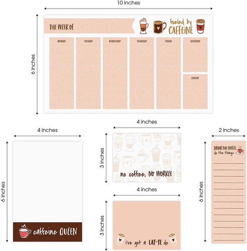 Coffee Lover Themed Sticky Note Ensemble Set, 5 Snarky Caffeine Designs in Various Sizes