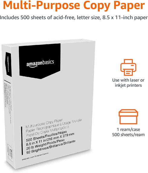 8.5 11 Inches, 20 lb, 92 1 (500 Amazon Basics Multipurpose Copy Printer Paper, x Bright, White, Ream Sheets), Jam-Free