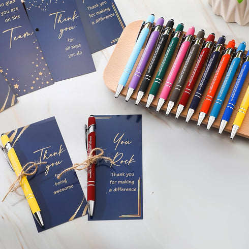 Qilery Employee Appreciation Pens Gifts, Black Ink Metal Inspirational Ballpoint Pen with Stylus Tip (24 Set)