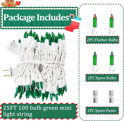 Filltown 25FT 100 Count Green Christmas Lights Outdoor, Incandescent Mini Christmas Lights White Wire, Waterproof Fairy