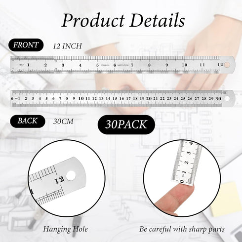 Macarrie 30 Pieces 12 Inch Metal Ruler, Stainless Steel Rulers with Imperial Metric Measurements for School Office Home
