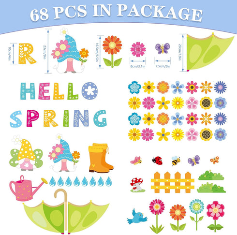 Konsait Spring Bulletin Board Decorations, 68Pcs Set, Big Umbrella Flowers, Waterdrop Cutouts for Classroom