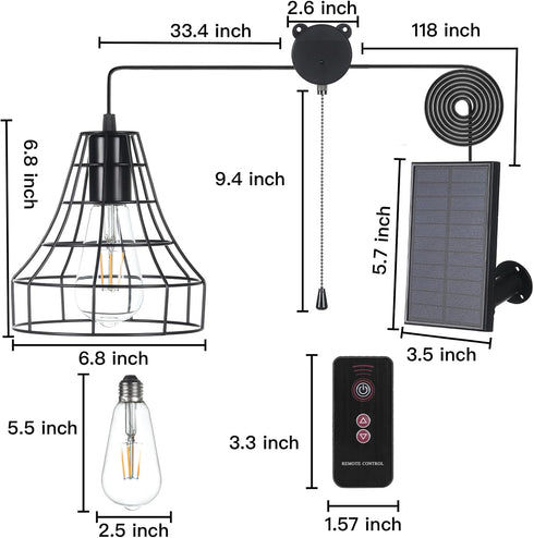 Solar Pendant Lights, Solar Powered Shed Light with Pull Cord and Remote for Outdoor Indoor, Solar Chandelier, Gazebo