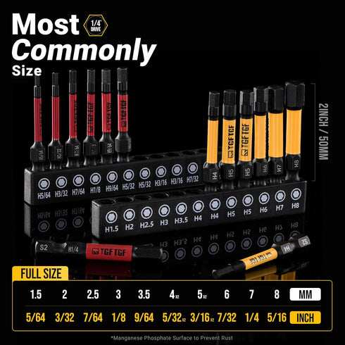 Set, 24PCS, 2-inch S2 1/4" Set, Set, Impact Hex Head Allen Wrench Drill Bit (Metric & SAE), Premium Steel Hex-Shank Hex